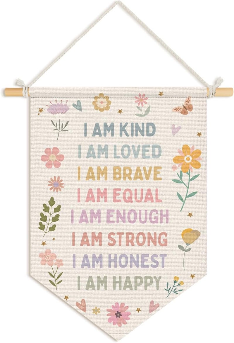 Wheatwin Positive Affirmations Wall Decor, Girl Nursery Decor, Pastel Floral Wall Hanging Pennant Flag Banner for Toddler Baby Girls Room Bedroom Dorm Playroom 15x11 Inch - Image 1